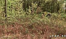 Is the French slut getting banged in a gangbang with a grandpa voyeur in the wild nature?