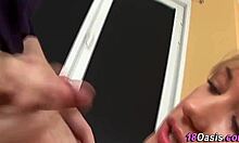 Natural teen gives a handjob to that cock