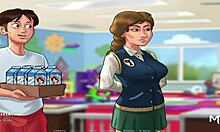 Teen anime girl exhausted after giving milk in Summertime Saga episode 86