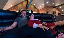 Busty babe sucks cock, fucks hard, cums in mouth