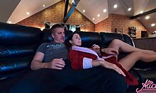 Busty babe sucks cock, fucks hard, cums in mouth