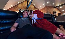 Busty babe sucks cock, fucks hard, cums in mouth