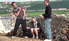 young blonde cutie public sex gng bang threesome with 2 guys with big dicks