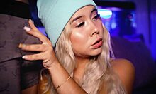 Latina girl teases boyfriend's cock in close-up.