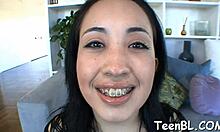 gorgeous teen 18+ is rubbing her twat before giving wild blowjob