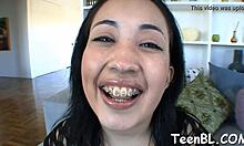 gorgeous teen 18+ is rubbing her twat before giving wild blowjob