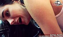 Skinny German teen with small tits at her first public outdoor meeting in car POV.