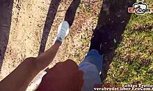 Skinny German teen with small tits at her first public outdoor meeting in car POV.