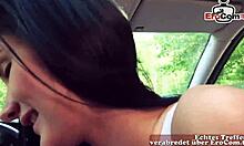 Skinny German teen with small tits at her first public outdoor meeting in car POV.