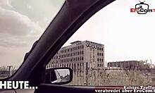 Skinny German teen with small tits at her first public outdoor meeting in car POV.