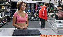 ebony amateur with big tits sucking at pawnshop on hidden cam