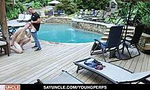 Young Aiden Asher gets intensely fucked by guard Jax Thirio during skinny dipping, leading to anal creampie and cum blowjob