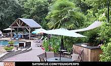 Young Aiden Asher gets intensely fucked by guard Jax Thirio during skinny dipping, leading to anal creampie and cum blowjob