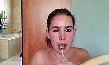 Gathering saliva as i repeatedly fuck my throat with a double ended dildo saliva fetish