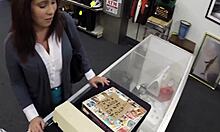 Intensive babe has wild sex in shop after sloppy contest