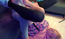 Hot blonde eats her cum!