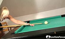 Sexy blonde in stockings feels wild desire while masturbating on pool table