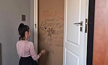 gloryhole slut gags while sucking and jerking my cock through doorway