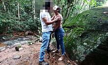 naughty latina prostitute at the waterfall gives blowjob and takes creampie in her big ass