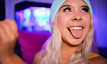 Blonde with a cute face gives her boyfriend a footjob, teasing his cock with her feet