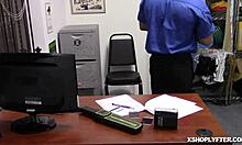 Police officer interacts with brunette teen at work