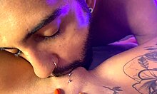 Teen girlfriend with tattoo enjoys squirting with friend.