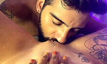 Teen girlfriend with tattoo enjoys squirting with friend.