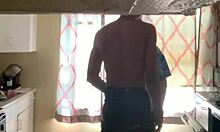 Big booty roommate lets me fuck her creamy pussy while she cooks dinner for her boyfriend upstairs playing games, oh shit