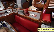 These busty horny sluts are sharing a white rod in public