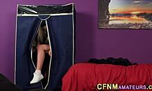 This clothed blonde babe gets a hot facial from an amateur guy.