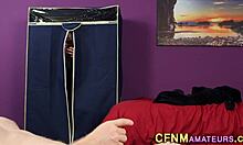 This clothed blonde babe gets a hot facial from an amateur guy.