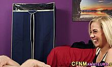 This clothed blonde babe gets a hot facial from an amateur guy.