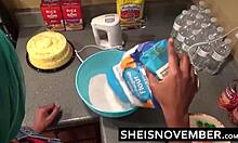 msnovember's step sister gets face sat and fucked missionary in the kitchen by her rough step brother, that green-haired ebony babe with big natural tits taking it hard.