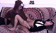 couple in cosplay costumes fucks on sofa during pajama sex