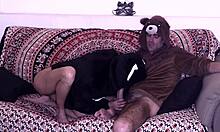 couple in cosplay costumes fucks on sofa during pajama sex