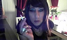 Goth Tranny Strokes Her Cock on Webcam! So Sexy!