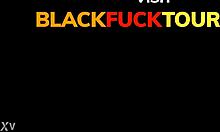 sporty ebony amateur jumps hard white pole for sticky interracial landing