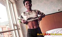 sporty ebony amateur jumps hard white pole for sticky interracial landing