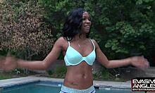 Big butt black girls on bikes interviewed, masturbate with vibrator, service cock by the pool.