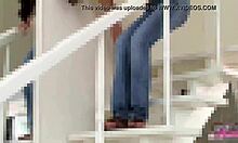 This teen babe struggles with her tight skinny jeans, showing off her panties.