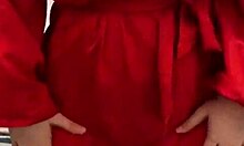 Brunette In Red Lingerie Plays With Herself