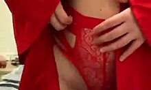 Brunette In Red Lingerie Plays With Herself