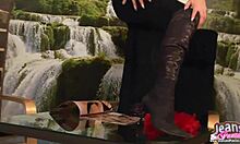 This teen babe struggles with her tight skinny jeans, showing off her panties.