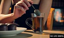 Hot sexy girl smears cream on her big tits and hairy pussy