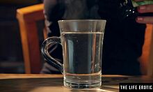 Hot sexy girl smears cream on her big tits and hairy pussy