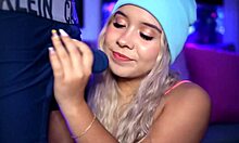 Horny blonde with a cute face teases her boyfriend's cock while wearing boxers, turning it into a sexy stimulation session.