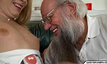 Blonde teen begs grandpa for group blowjob