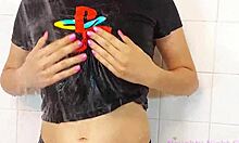 latina stepsister in shower, showing small tits and bathing