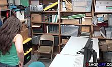 teen girl caught giving blowjob to security in office threesome