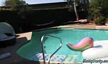 Thin teen fucks old at pool!